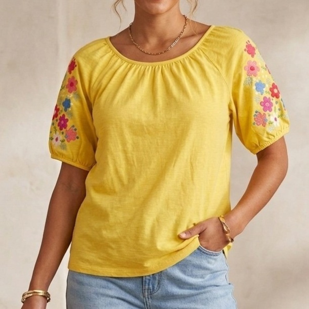 Talbots Embroidered Floral Top Women Petite Large Yellow Boho Short Sleeve LP